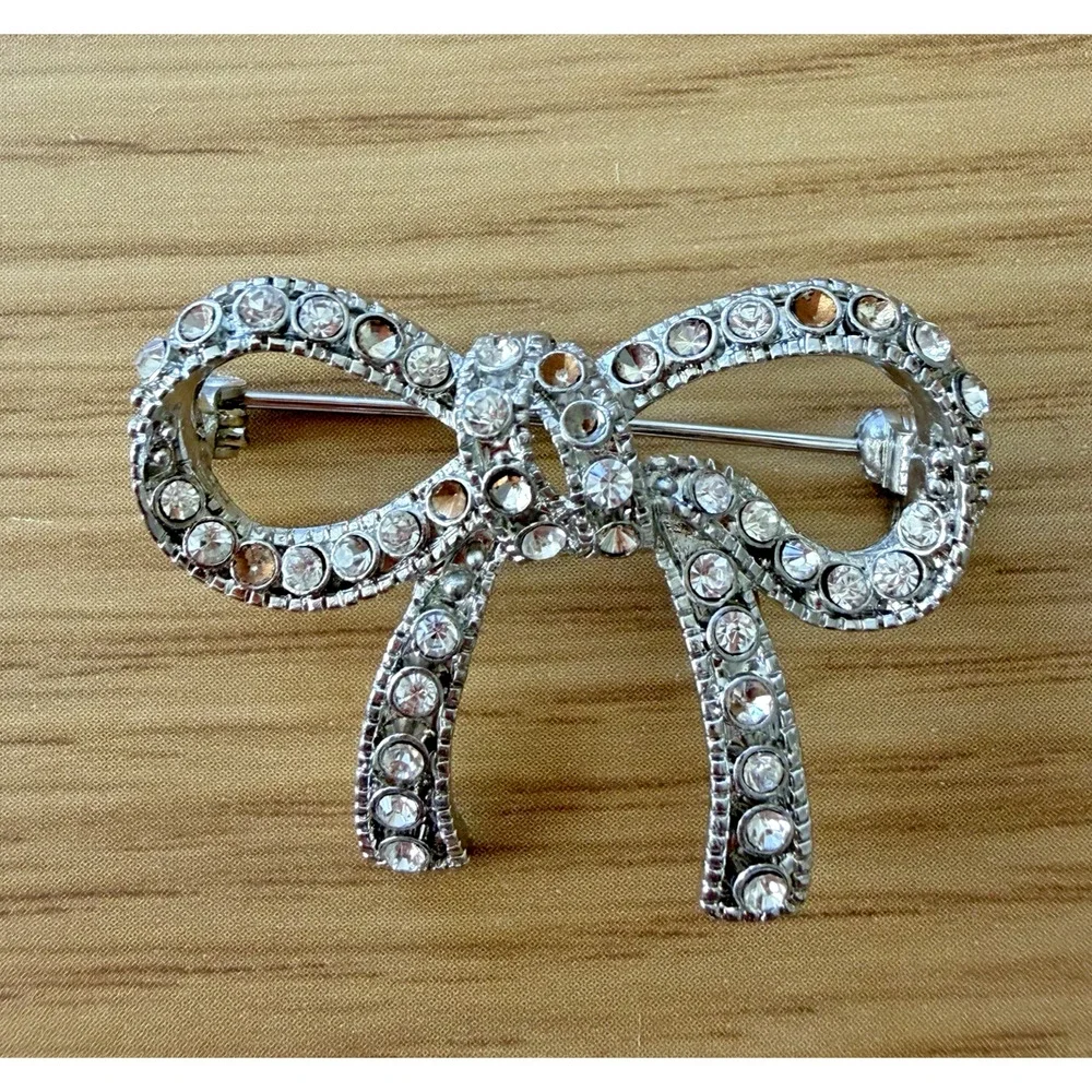 Vintage Rhinestone Bow Brooch Silver Tone Ribbon Pin 1.5” Repair Craft